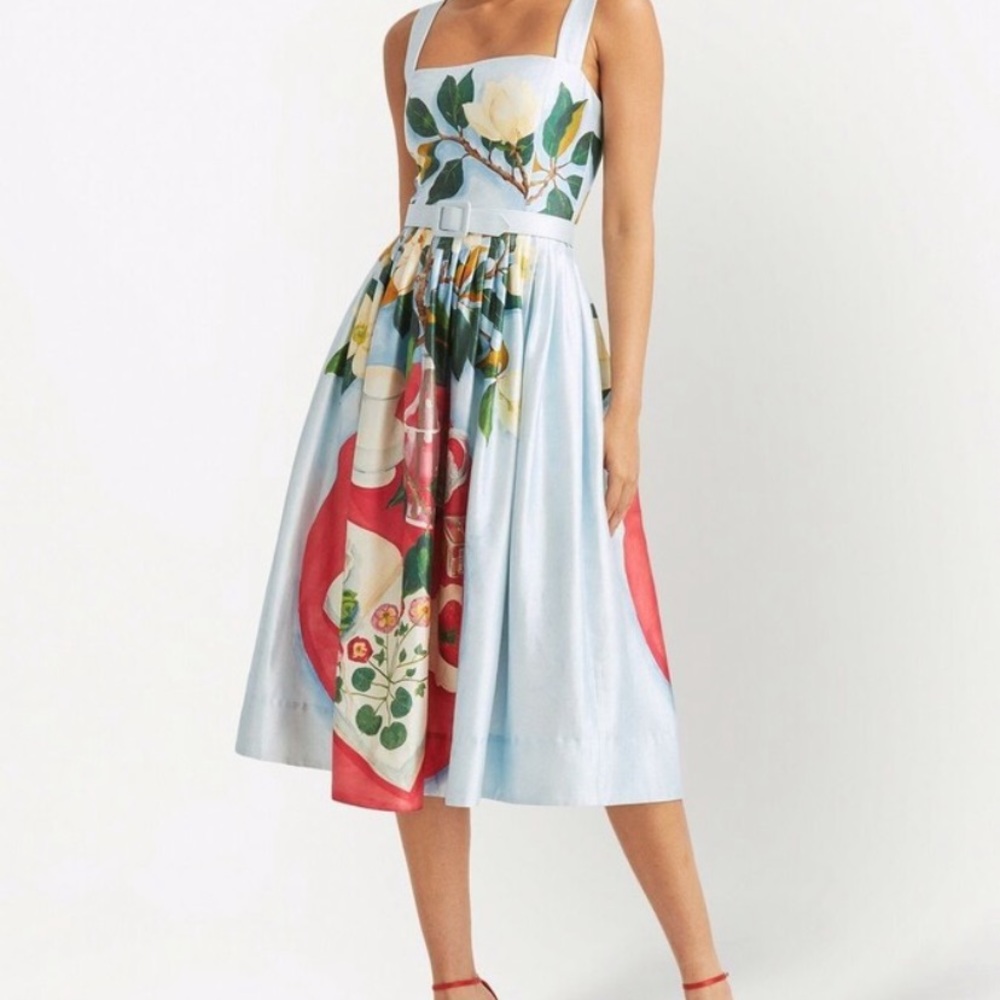 Oscar de la Renta Belted Floral-print Mikado Dress - Blue